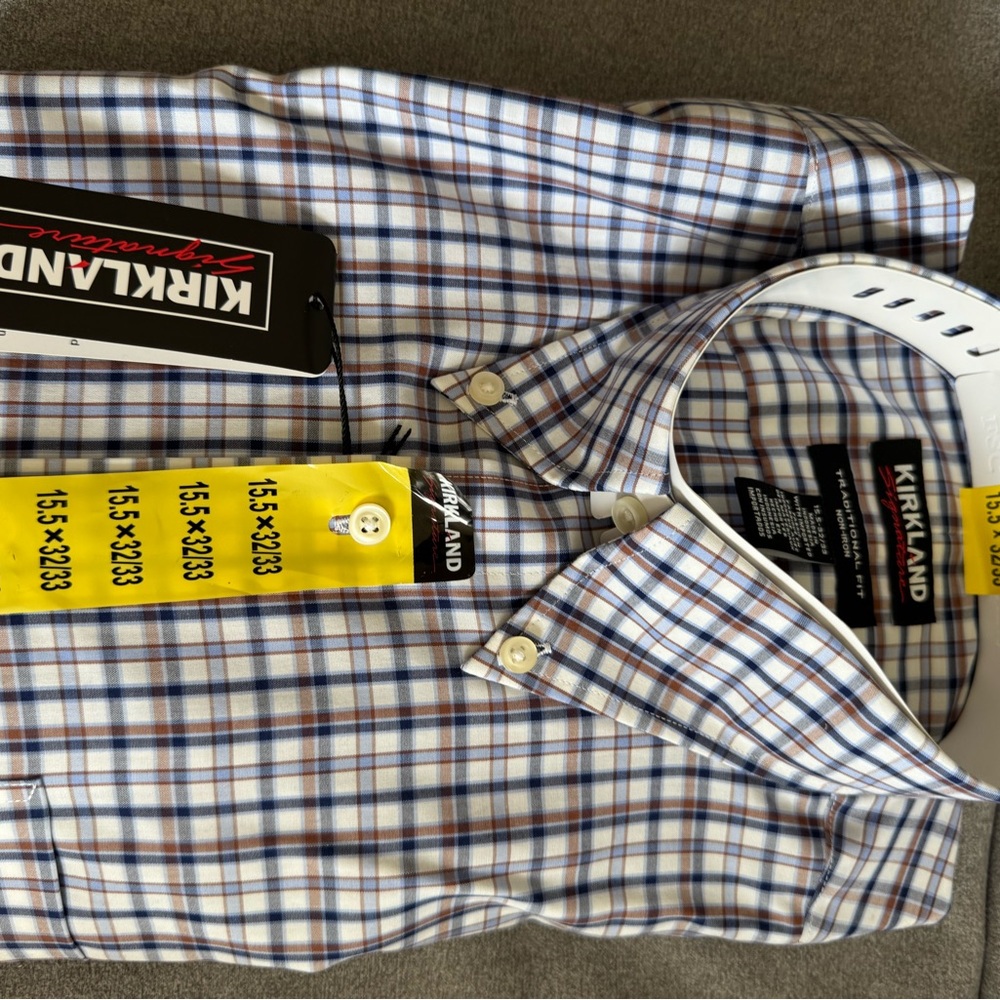 Non iron Kirkland Signature Men's Checkered Shirt - Blue, White, and Brown